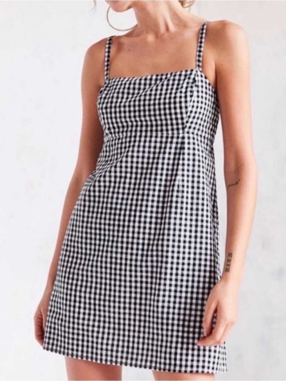 Gingham Square Neck Mini Dress - Black & White Urban Outfitters